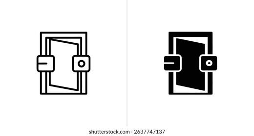 Black and white image showcasing two doorway icons. The left is a line drawing, depicting an open door. The right is a solid black version of the same door.