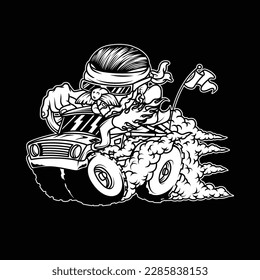 black and white image showing a bandit and car driven at high speed. speed competition, racing against objective criteria, such as the clock. Run a certain distance
