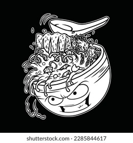 black and white image showing a bowl of katshu with toppings complete with a face full of anger. pieces or cutlets, made from filet meat – it can be chicken, pork, or beef, which is coated with panko 