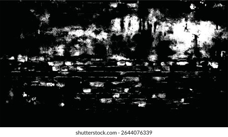 a black and white image showing a brick wall with a heavy grunge and distressed texture overlaying it all