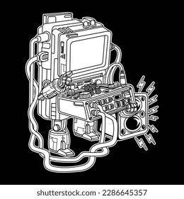 black and white image showing the Gameboy connected to the machine he was carrying was quite large, and besides a loudspeaker. The Game Boy is a video game console developed and produced by Nintendo.