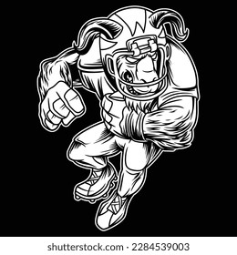 black and white image showing the goat who became the mascot of American football complete with player clothes, and the position of the body that was running while maintaining the ball in his hands.
