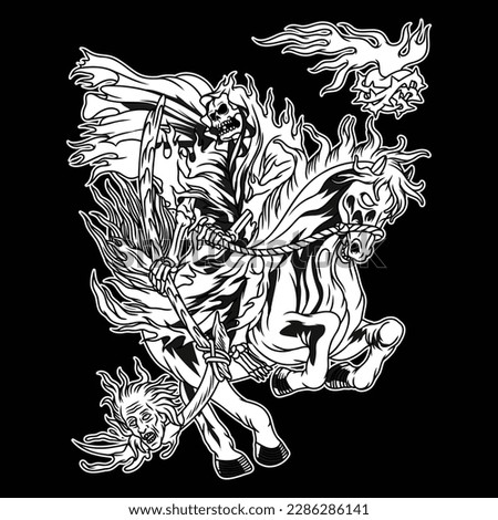 black and white image showing The Gream Reaper in his flaming robes rode a black horse, and it looked like he had killed an old man with his scythe.