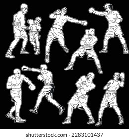 Black and white image showing a group of people playing boxing, with different movement positions. a martial arts sport featuring two people using fists.