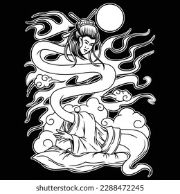 black and white image showing a Japanese ghost nukekubi in the shape of a long-necked woman
