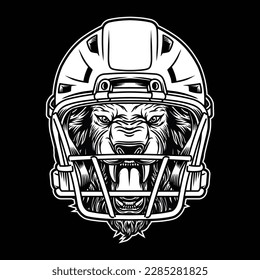 black and white image showing The lion who became the mascot of American football, and wore the helmet of an American football player.