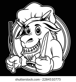 black and white image showing The mascot chef goat was holding a knife, and had a very happy expression on his face.
