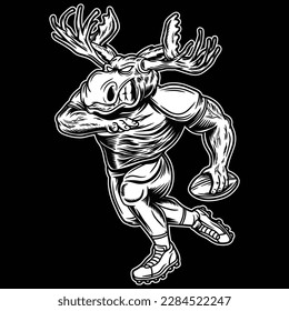 black and white image showing the moose who became the mascot of American football complete with player clothes, and body position that was running while carrying the ball.
