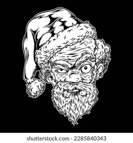 black and white image showing nietzche with a scary face and wearing a santa clas hat. a character in various cultures who tells of someone giving gifts to children, especially on Christmas Day.