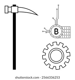Black and white image showing a pickaxe representing mining, a gear symbolizing industry and productivity, and a Bitcoin symbol with circuit lines. Ideal for cryptocurrency, blockchain, technology