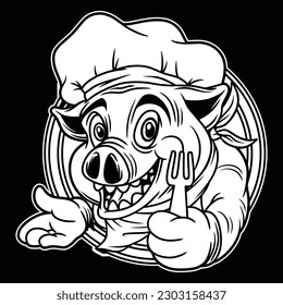 black and white image showing The pork chef mascot holding a fork had a very happy look on his face.
 