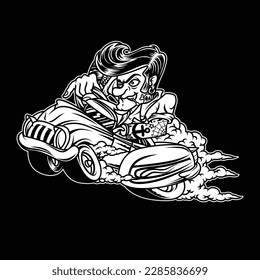 black and white image showing a Rockabilly styled man in a luxury car that he drives at high speed. one of the earliest and most influential styles of rock n' roll to emerge in the 1950s.

