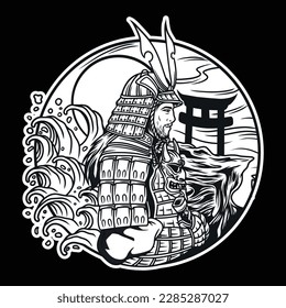 black and white image showing saw a man a pair of Japanese samurai wearing knight clothes, and was seen carrying an oni head mask.
