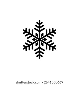 Black and white image showing a simple symmetrical snowflake icon. It has six points, each with a similar short branch design. It sits centered on a plain white backdrop.