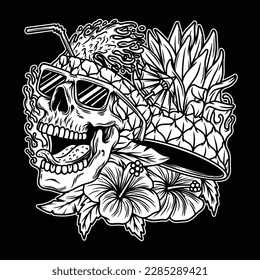 black and white image showing The skull is like a drinking glass wearing glasses, with flowers and pineapples, the summer theme is striking.