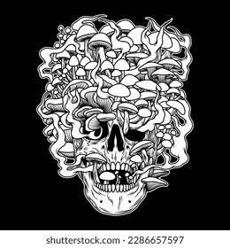 black and white image showing a skull overgrown with mushrooms above its head looks like a crown but almost covers its entire face, and quite a lot of yellow smoke comes out.