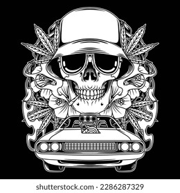 black and white image showing smoking a skull he wears a hat, and drives a luxury car against a backdrop of weed leaves, and some flowers.