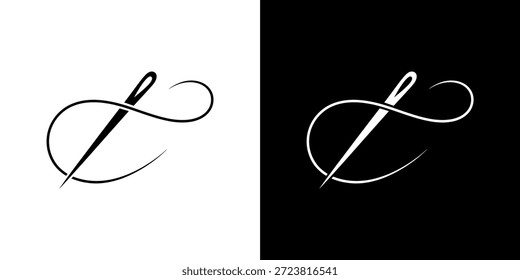 Una Imagen en blanco y negro que muestra un diseño estilizado de hilo y aguja de coser.