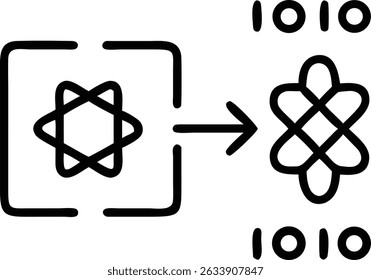 Uma imagem em preto e branco mostrando uma transformação de uma estrela dentro de um quadrado em um nó, com código binário acima e abaixo do símbolo de nó.