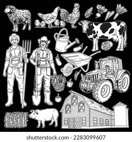 A black and white image showing two ranchers or farmers and around them many farm elements. people who practice plantations, either as a job or as a hobby.