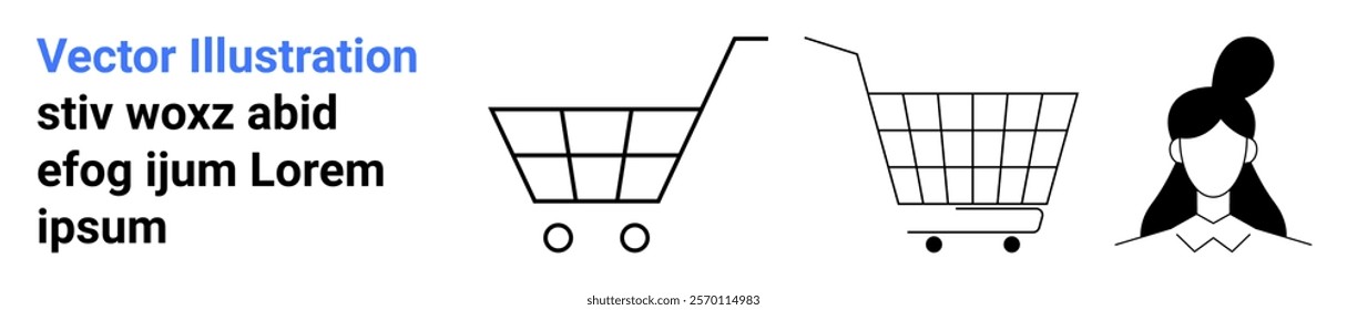 Black and white image showing two shopping carts and a female avatar. Ideal for e-commerce, online shopping, retail business, marketing, and customer service. Banner for landing page