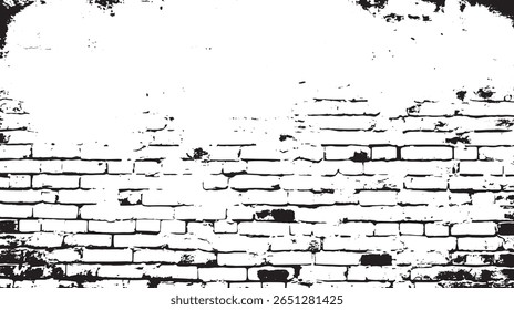Una Imagen en blanco y negro que muestra una pared de ladrillo desgastada con una sección superior dañada y textura grunge
