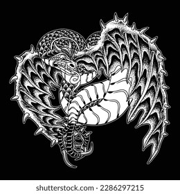 black and white image showing a winged dragon with a tail resembling claws he is eating a small snake. Dragons are legendary creatures.