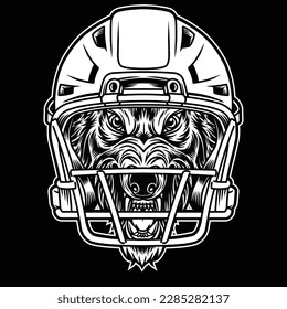 black and white image showing the wolf who became the mascot of American football, and wore the helmet of an American football player.