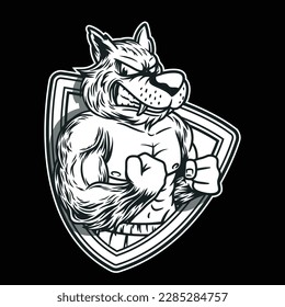 black and white image showing the wolf who became the fitness mascot