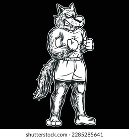 black and white image showing the wolf who became the mascot, and wears shorts ready for fitness.