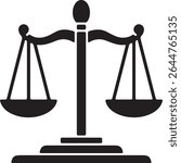 A black and white image shows a balanced scale of justice.