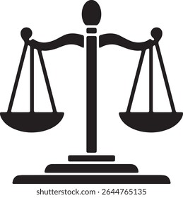 A black and white image shows a balanced scale of justice.