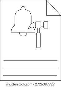 Black and white image shows a bell and a hammer on a document with three lines