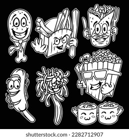 The black and white image shows a collection of foods from sweet, salty and, spicy. Food is a substance eaten by living things to get nutrition.
