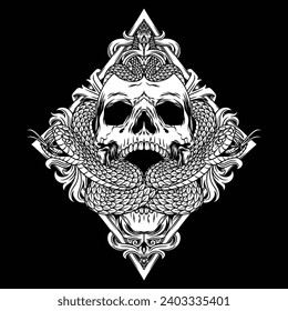 The black and white image shows the complete skull of a diamond-shaped snake with its mouth open. The Diamond image symbolizes Wealth
