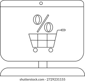 Uma imagem em branco preto mostra uma tela de computador com um símbolo de porcentagem de carrinho de compras