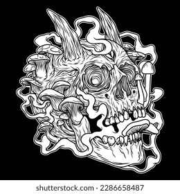 The black and white image shows a devil's skull overgrown with mushrooms and yellow smoke coming from the mouth of the skull. Fungi are organisms that belong to the kingdom.