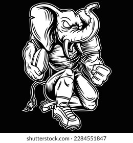 The black and white image shows an elephant which is the mascot of American football with its players' clothes, as well as the position of the body that folds one of its legs while holding the ball.
