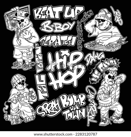 The black and white image shows four pandas wearing hip hop outfits and, holding different things don't forget other hip hop accessories.. Rap ​​is one of the four elements of hip hop culture.