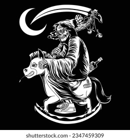 The black and white image shows the Grim Reaper riding a toy horse with a large scythe in his hand
