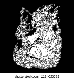 The black and white image shows a Japanese mythological tengu holding a bow, and seemingly wanting to shoot something. Tengu is a creature in Japanese legend.
