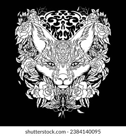 The black and white image shows a Kitsune's head with patterns from the nose to the top, surrounded by red roses and very beautiful leaves.
