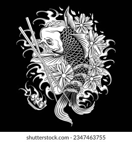 The black and white image shows a Koi with its body parts into pieces of Sushi, and features a pair of chopsticks and a bowl of sauce, and a beautiful floral background.
