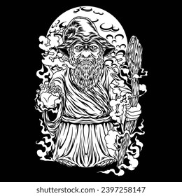 The black and white image shows a long-bearded Dwarven Wizard holding a staff surrounded by smoke, with the moon in the background.
