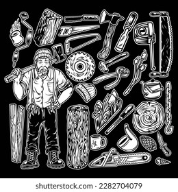 The black and white image shows a lumberjack and tools for logging and the results of the harvest. Logging is what includes not only cutting trees.