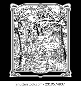 black and white image shows relax on the shores of Hell in the company of skeleton mermaids, and in the rain of volcanic lapa. Hell is a place of human torment and misery in the afterlife.