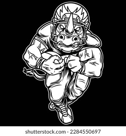 The black and white image shows a rhino as the mascot of American football, complete with player clothes, and the position of the body running while holding a ball in his hand.
