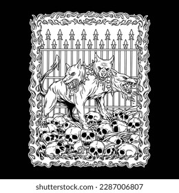 The black and white image shows a scary three-headed dog standing in a pile of skulls. Kerberos is a creature from Greek mythology, the pet of Hades. Kerberos is depicted as a dog with three heads.
 svg