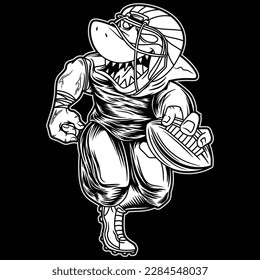 The black and white image shows a shark that has become the mascot of American football, complete with the clothes of the players, the body position is running holding the ball in his hand.