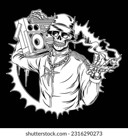 The black and white image shows Skeleton carrying an 80s Boombox, he is wearing a gold cannabis leaf chain necklace and holding a cigarette. Boombox is a transistorized portable music player.
